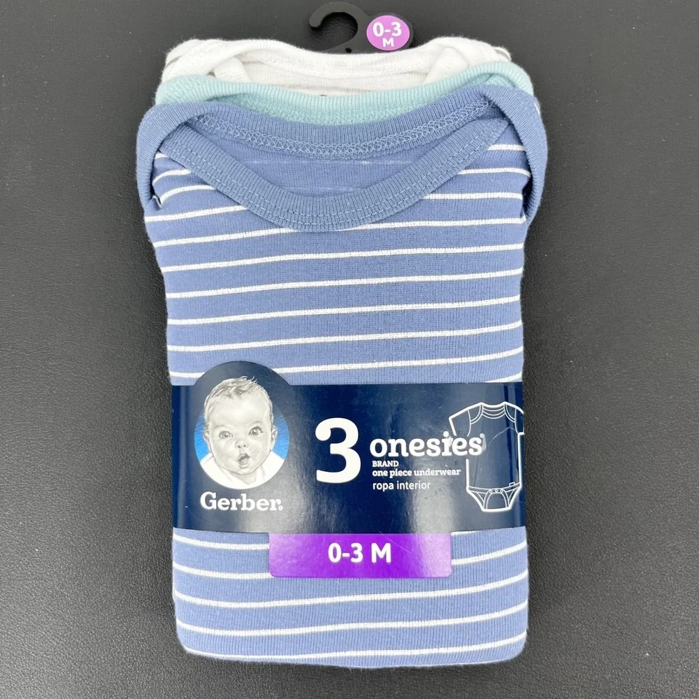 Gerber Onesies Bodysuits Baby Boys 0-3M Blue White Striped 3 Pack Cotton Snaps